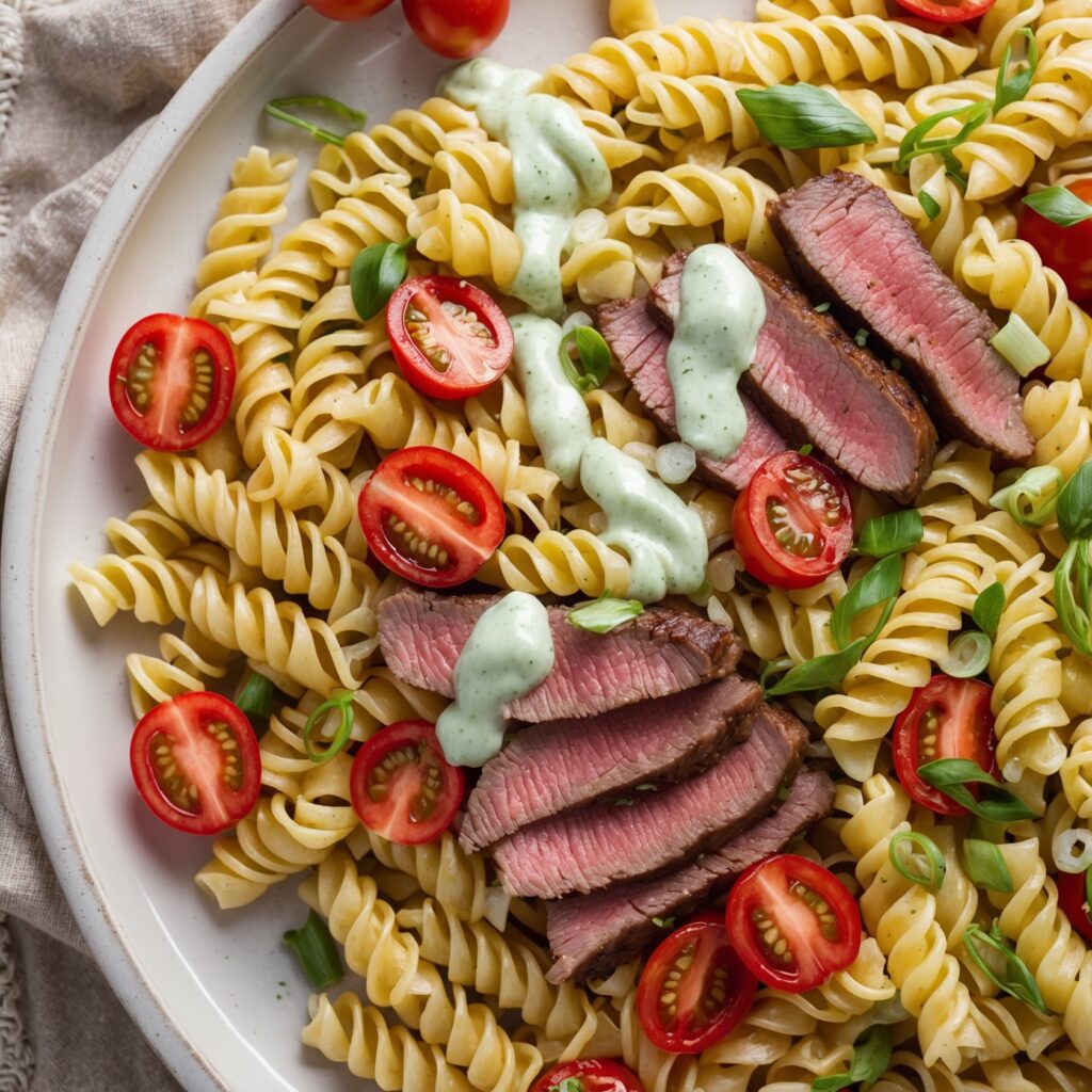 A bowl of Steak Pasta Salad with tender steak slices, al dente pasta, cherry tomatoes, and mixed greens, drizzled with a savory dressing.