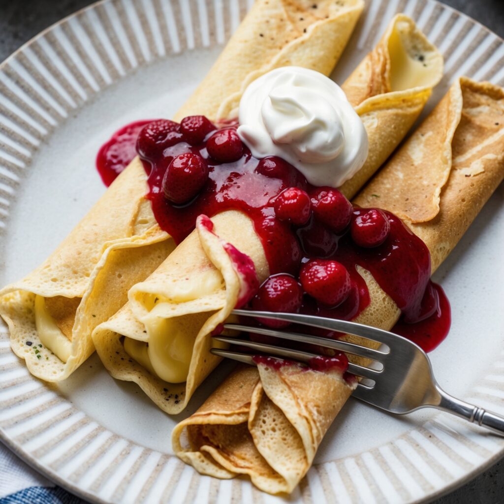 A stack of Swedish pancakes folded and topped with lingonberry jam, powdered sugar, and whipped cream on a white plate.