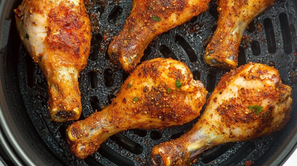 Crispy, golden-brown Air Fryer Chicken Legs coated with a flavorful seasoning blend, resting in an air fryer basket after cooking to perfection.