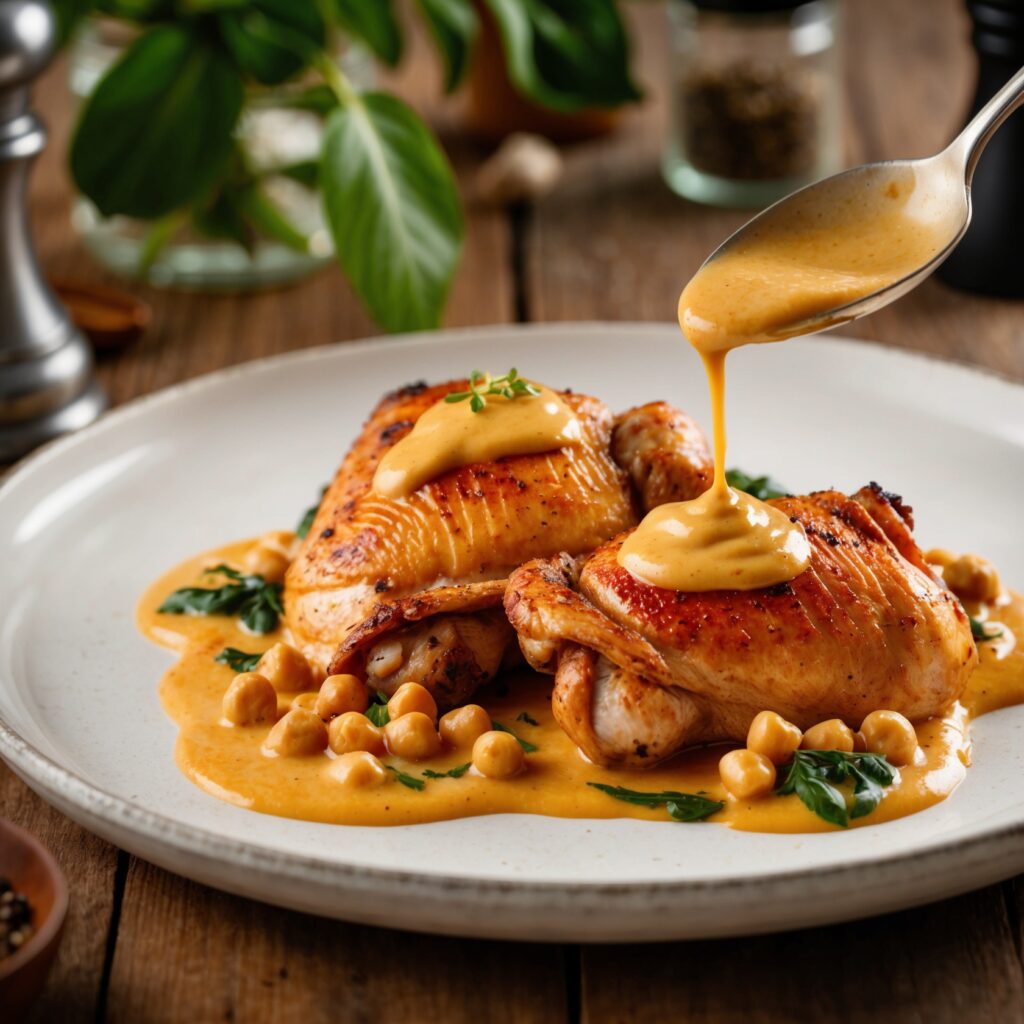 A skillet of Tuscan Chicken with creamy sauce, sun-dried tomatoes, spinach, and Parmesan cheese, served with a side of crusty bread.