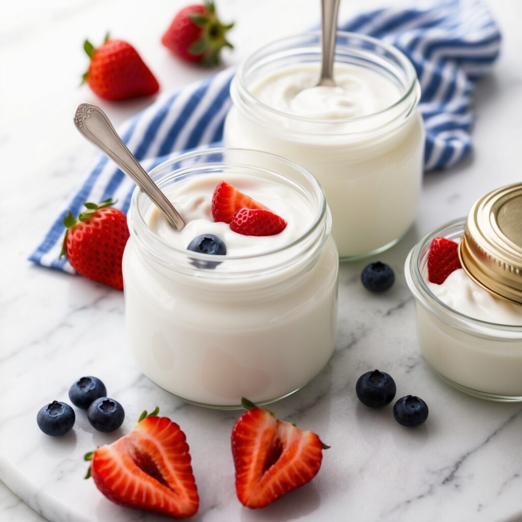 A bowl of creamy vegan yogurt topped with fresh berries, granola, and a drizzle of honey on a wooden table.