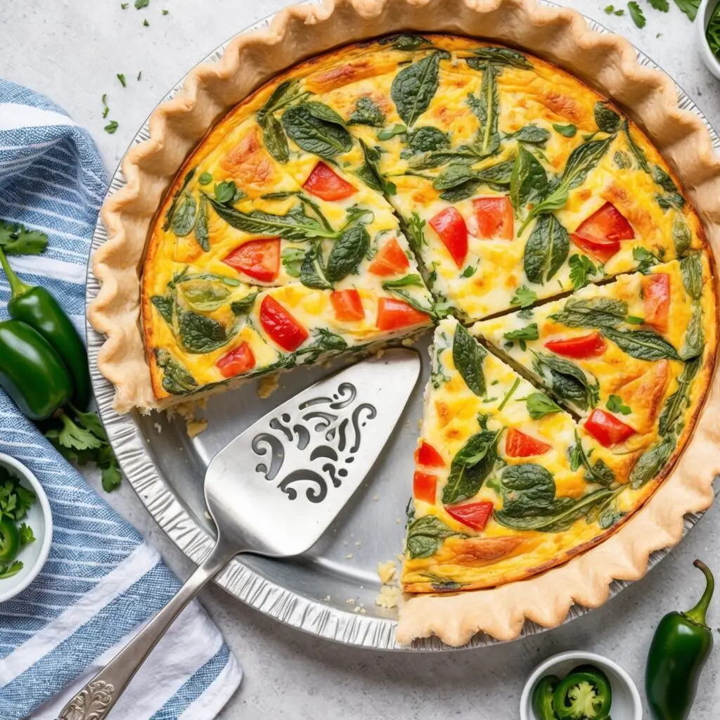 A golden-brown vegetable quiche served on a white plate, featuring vibrant cherry tomatoes, spinach, and bell peppers in a flaky crust.