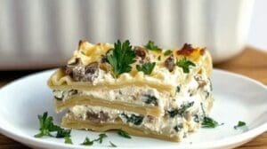 A slice of Vegetarian White Sauce Lasagna with layers of creamy béchamel sauce, ricotta, spinach, and mushrooms, garnished with fresh parsley.