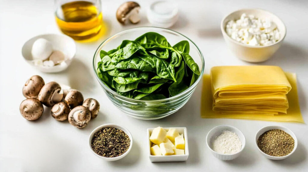 A top-down view of fresh ingredients for Vegetarian White Sauce Lasagna, including spinach, mushrooms, ricotta cheese, lasagna sheets, butter, olive oil, eggs, and seasonings, neatly arranged on a white surface.