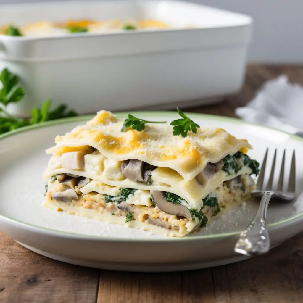 Golden and bubbly White Lasagna layered with creamy béchamel, chicken, spinach, and melted cheese in a white casserole dish