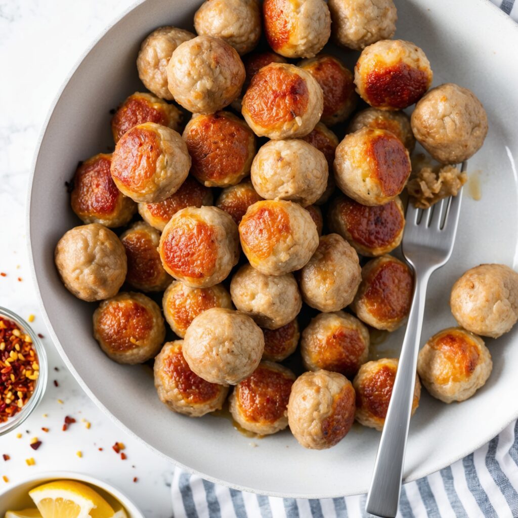 A plate of baked chicken meatballs garnished with parsley and served with marinara sauce.