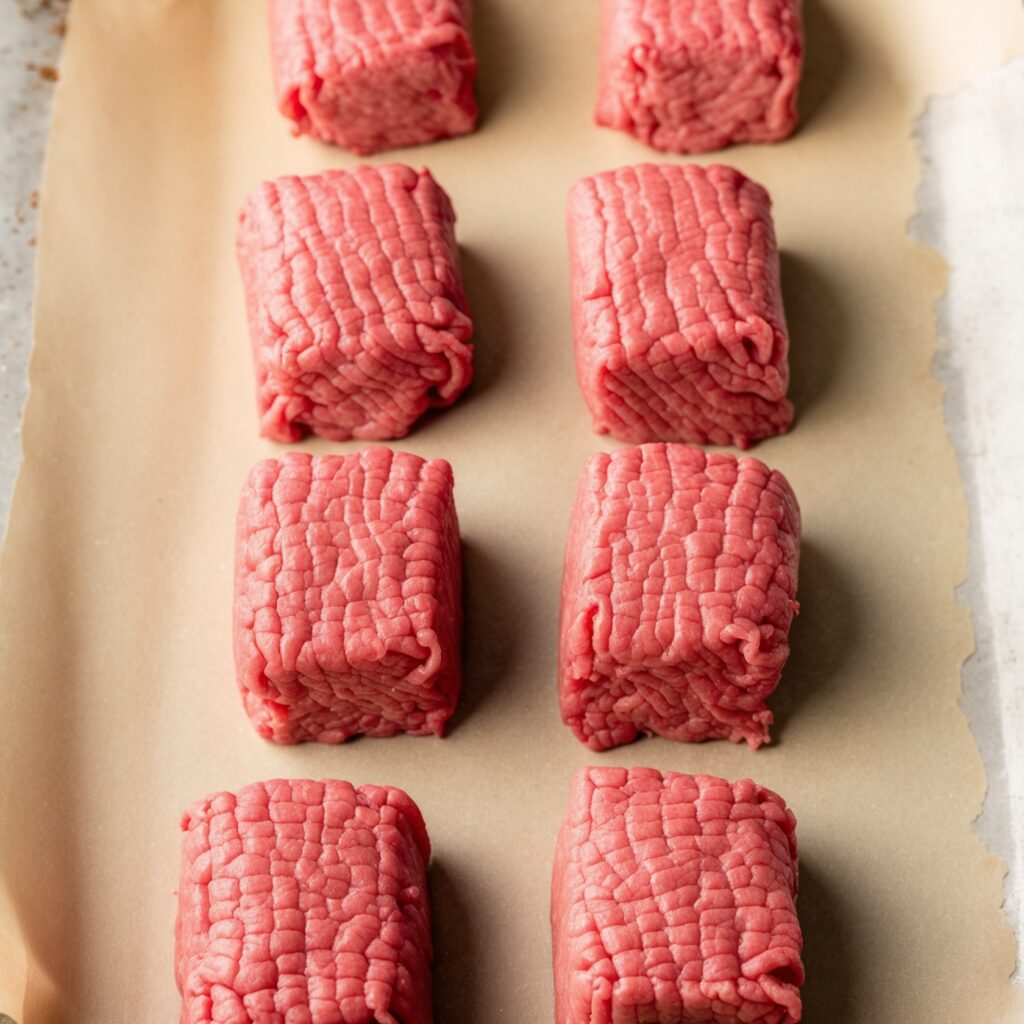 beef balls on parchment paper ready to be smashed