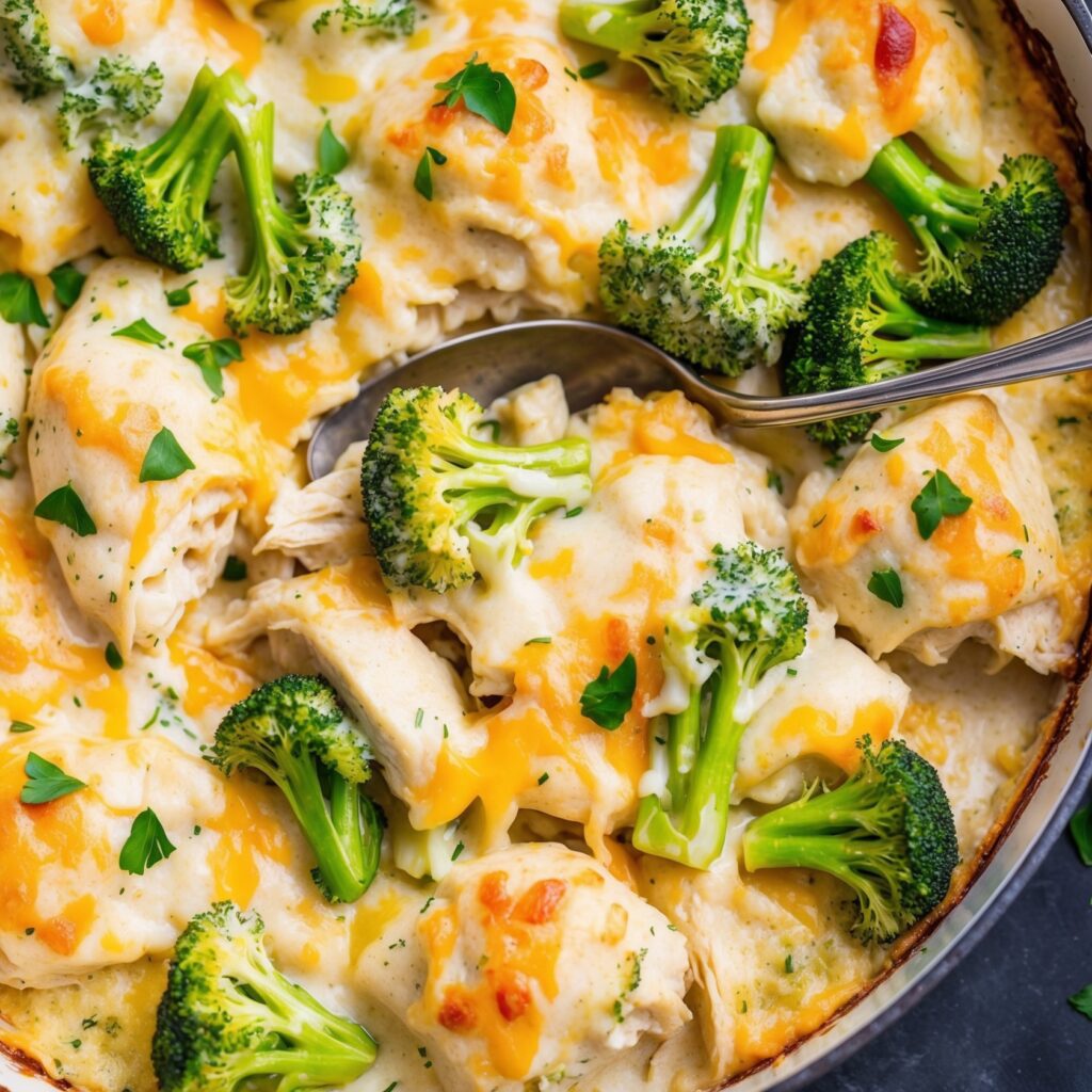 A baked Cheesy Broccoli Chicken and Rice Casserole topped with melted cheddar cheese in a casserole dish.