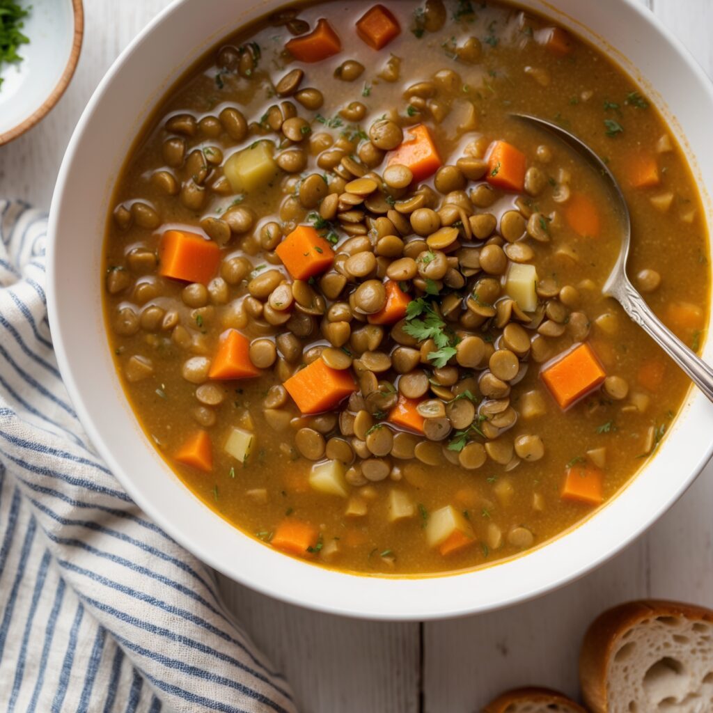 A bowl of crockpot lentil soup filled with lentils, carrots, celery, and garnished with fresh parsley.