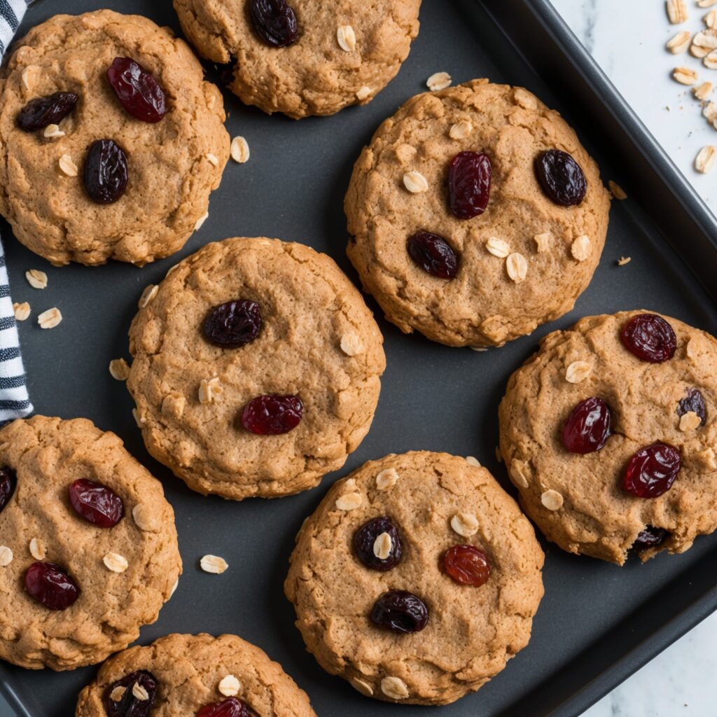 Freshly baked healthy oatmeal raisin cookies on a cooling rack, surrounded by raw ingredients like oats and raisins.