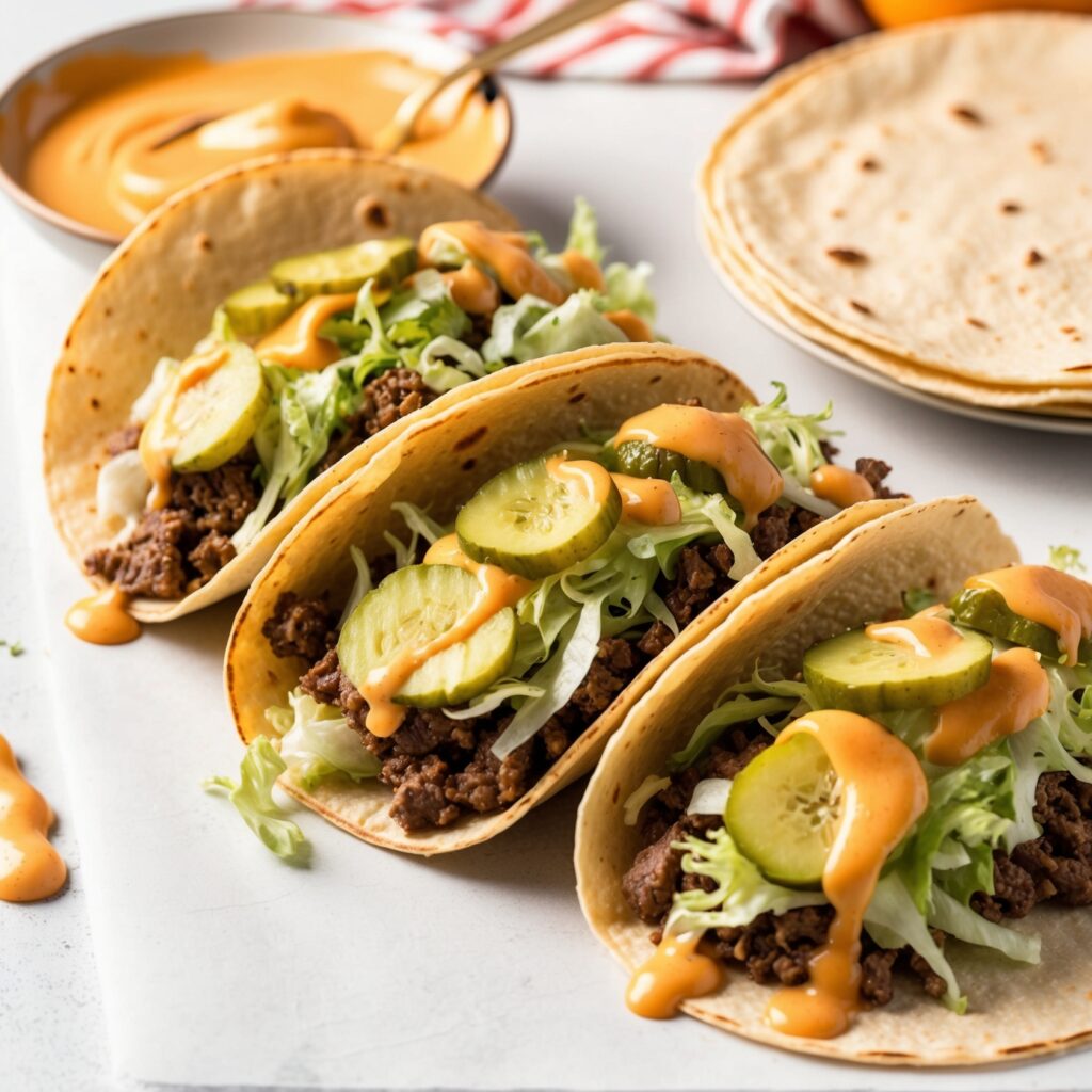 A crispy tortilla filled with a juicy smash burger patty, melted cheese, fresh lettuce, tomatoes, and pickles, served on a wooden platter.