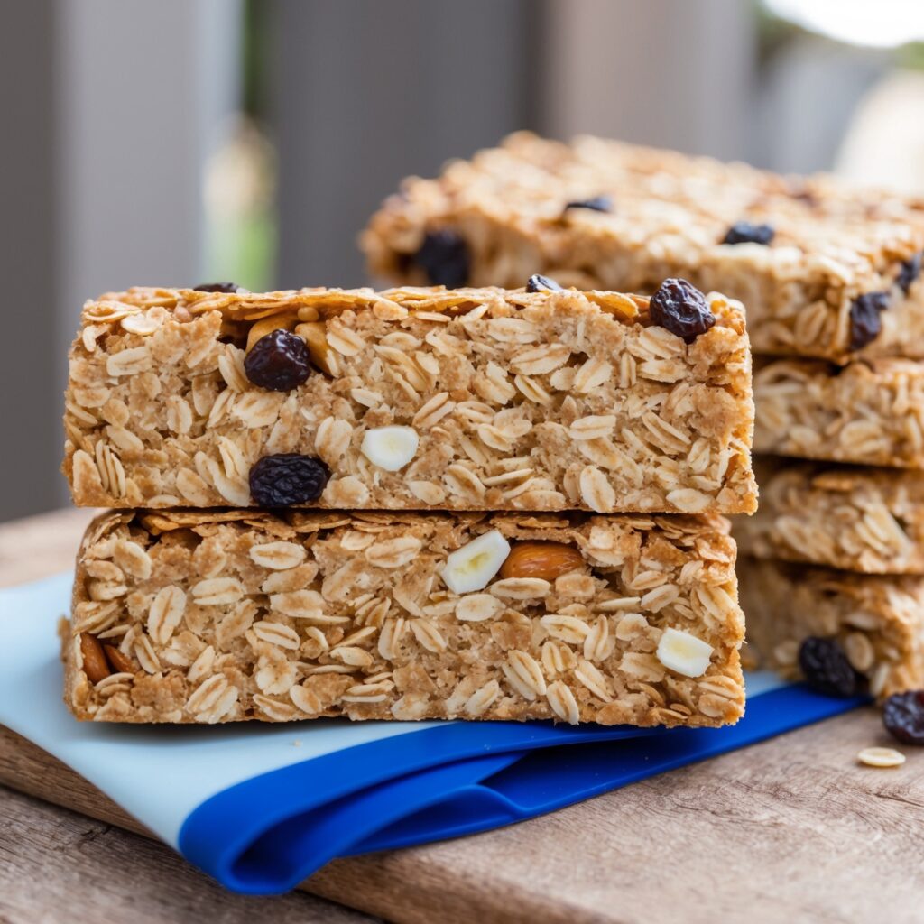 A stack of soft granola bars with oats, nuts, and dried fruits, placed on parchment paper.