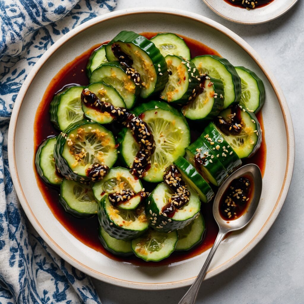 Crisp cucumbers being salted and drained in a colander to prepare for a refreshing spicy cucumber salad.