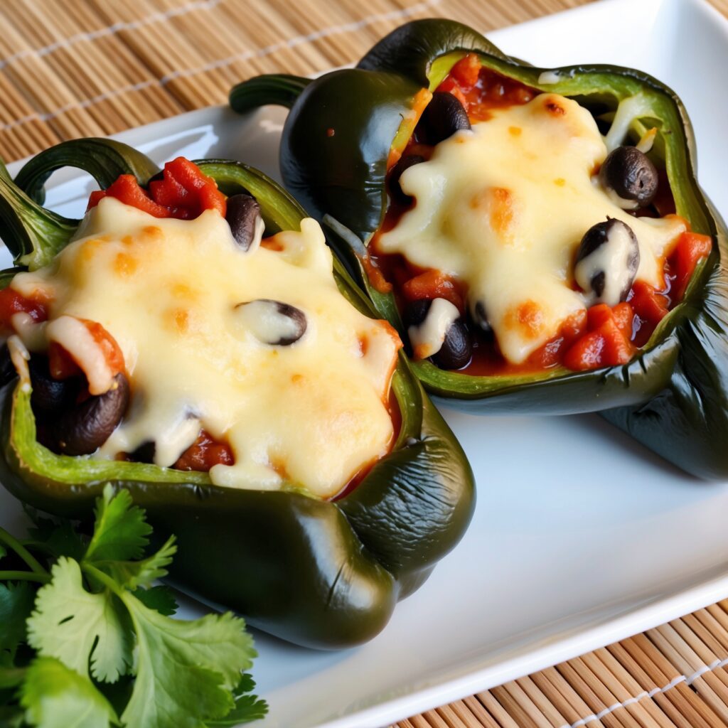 Stuffed poblano peppers topped with melted cheese, garnished with fresh cilantro, served on a white plate.