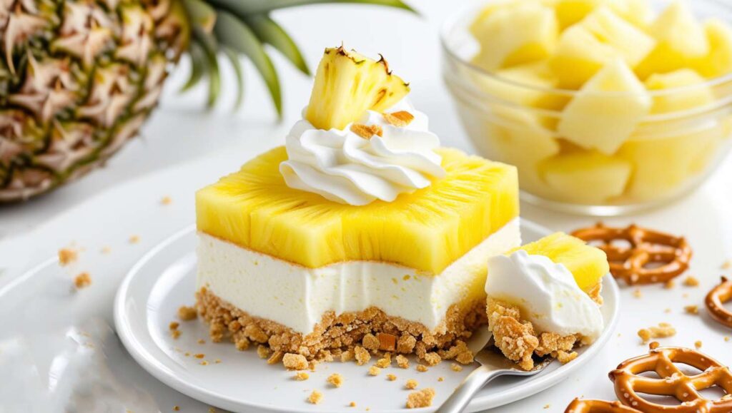 A beautifully plated slice of Pineapple Pretzel Salad featuring a buttery pretzel crust, creamy filling, and a layer of pineapple topped with whipped cream and fresh pineapple garnish. Surrounded by pretzels and a bowl of pineapple chunks for decoration.