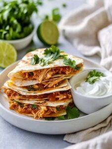 Sliced Buffalo Chicken Quesadilla served with fresh cilantro and sour cream on a white plate.