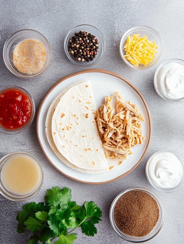 Fresh ingredients for Buffalo Chicken Quesadilla, including tortillas, shredded chicken, cheese, buffalo sauce, sour cream, spices, and fresh cilantro.