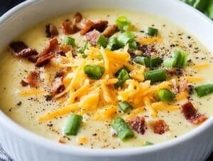 Creamy slow cooker loaded baked potato soup topped with shredded cheddar cheese, green onions, and crispy turkey bacon bits in a white bowl.